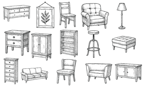 Download Hand Drawn Vintage Furniture Set - Vintage furniture Collection
