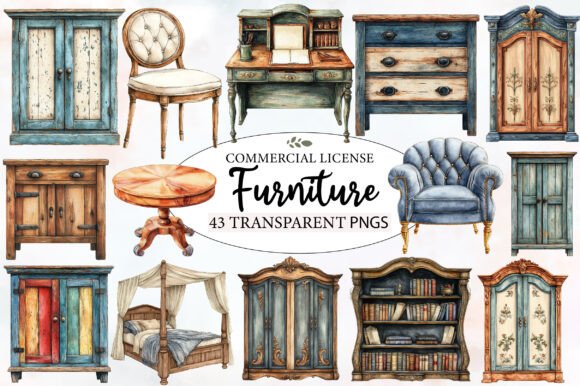 Download Vintage Furniture Watercolor Clipart - Vintage furniture Collection